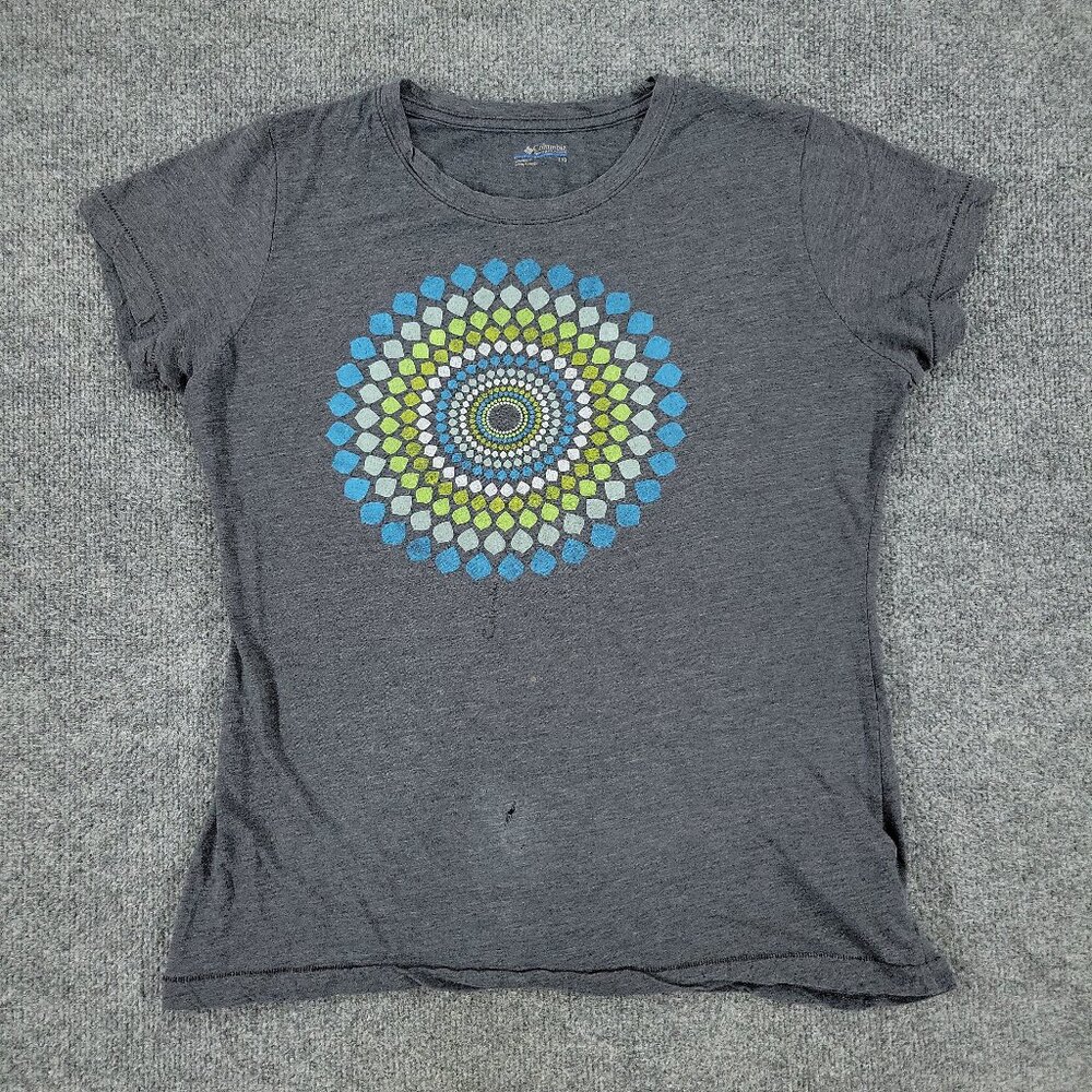 Columbia Shirt Women's Large Gray Graphic Tee Crew Neck Short Sleeve Top Adult L